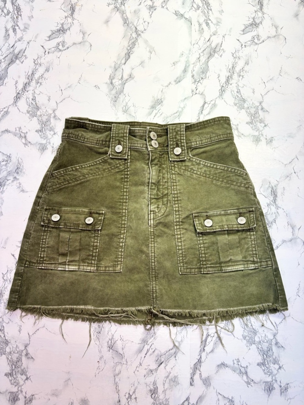 American Eagle Outfitters Y2K Olive Utility A-Line Mini Skirt with Frayed Hem